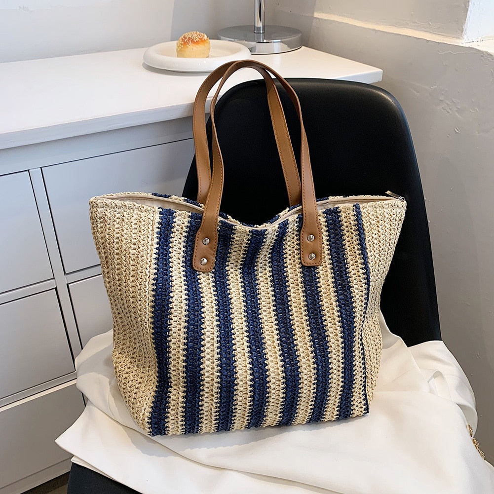 Realaiot Summer Straw Woven Top-Handle Handbags Casual Large Capacity Women Shoulder Bags Shopping Bags Beach Vacation Female Totes Bags