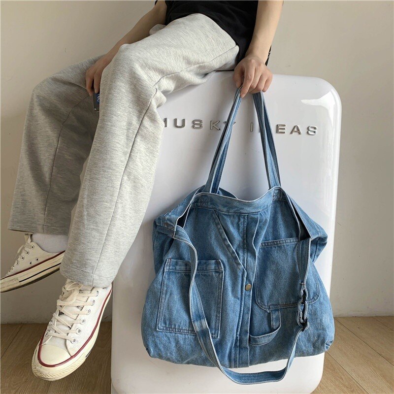 Realaiot Denim Shoulder Hand Bag for Woman Shoulder Bag Crossbody Casual Jeans Bags Women Handbags Denim Bag