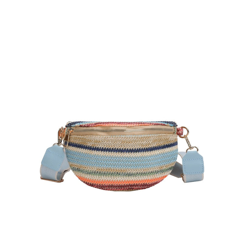 Realaiot Colourful Stripe Straw Braid Waist Packs For Women Woven Design Waist Bag Lady Casual Travel Fanny Pack Wide Strap Crossbody Bag