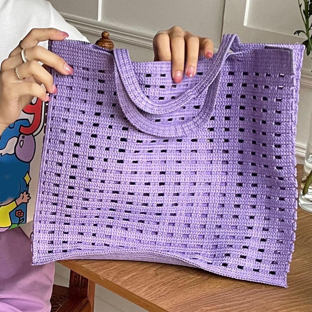 Realaiot Handbags Shopping Women Bag Totes Female Hollow Out Crochet Spring Summer Hand-woven Hollow-out Fashion Tote Purple Bags