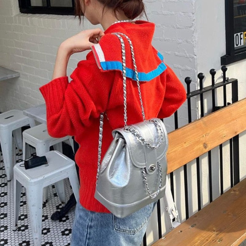 Realaiot Women Korea Autumn Winter Mini Chains Backpack Female Student Oil Wax Leather Shoulder Bag Travel handbag Black Rucksack