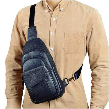 Realaiot Hot Sale Men Crazy Horse Leather Casual Fashion Chest Sling Bag 8" Tablet Design One Shoulder Bag Cross body Bag Male 8013-d