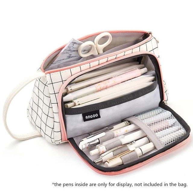 Realaiot Grid Pen Pencil Case, Multi Slot Plaid Storage Bag, Big Pouch Organizer for Stationery Cosmetic Student A6443