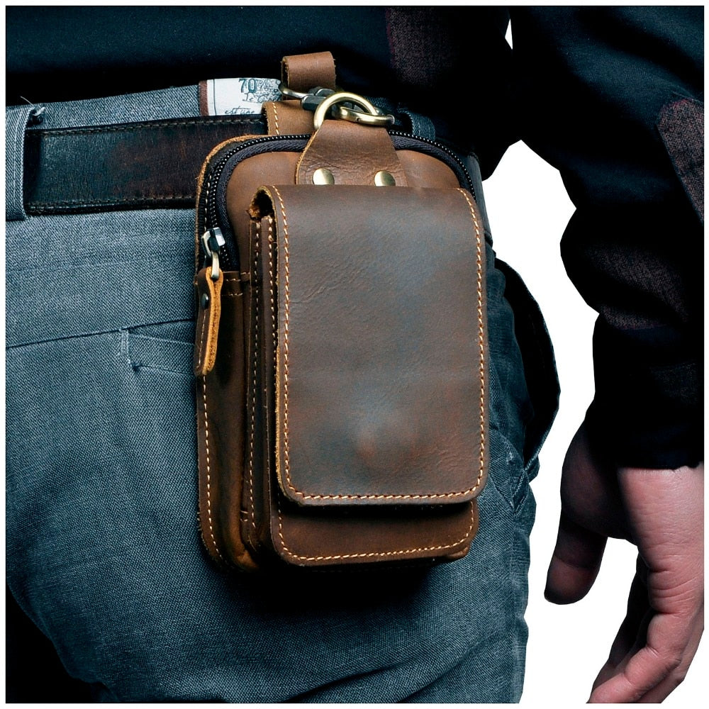 Cyflymder Real Leather men Casual Design Small Waist Bag Cowhide Fashion Hook Bum Bag Waist Belt Pack Cigarette Case 5.5" Phone Pouch 1609