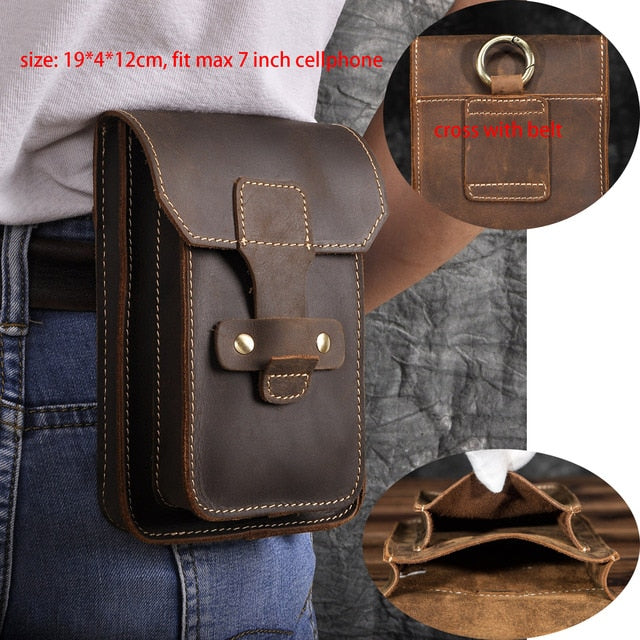 Cyflymder Real Leather men Casual Design Small Waist Bag Cowhide Fashion Hook Bum Bag Waist Belt Pack Cigarette Case 5.5" Phone Pouch 1609