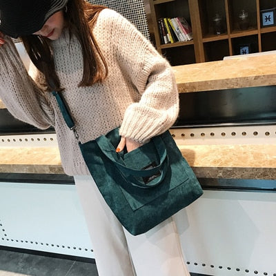 Realaiot Women Corduroy Shopping Bags Reusable Tote Ladies Casual Shoulder Bag Foldable Beach Shopping Bag Cotton Cloth Female Handbag