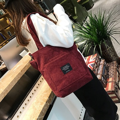 Realaiot Women Corduroy Shopping Bags Reusable Tote Ladies Casual Shoulder Bag Foldable Beach Shopping Bag Cotton Cloth Female Handbag