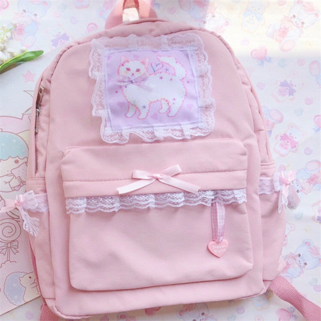 Realaiot Cartoon Embroidery Backpacks For Teenage Girls Japanese Soft Girl Backpacks Lolita Cute Cat Backpack Travel Bag Pack