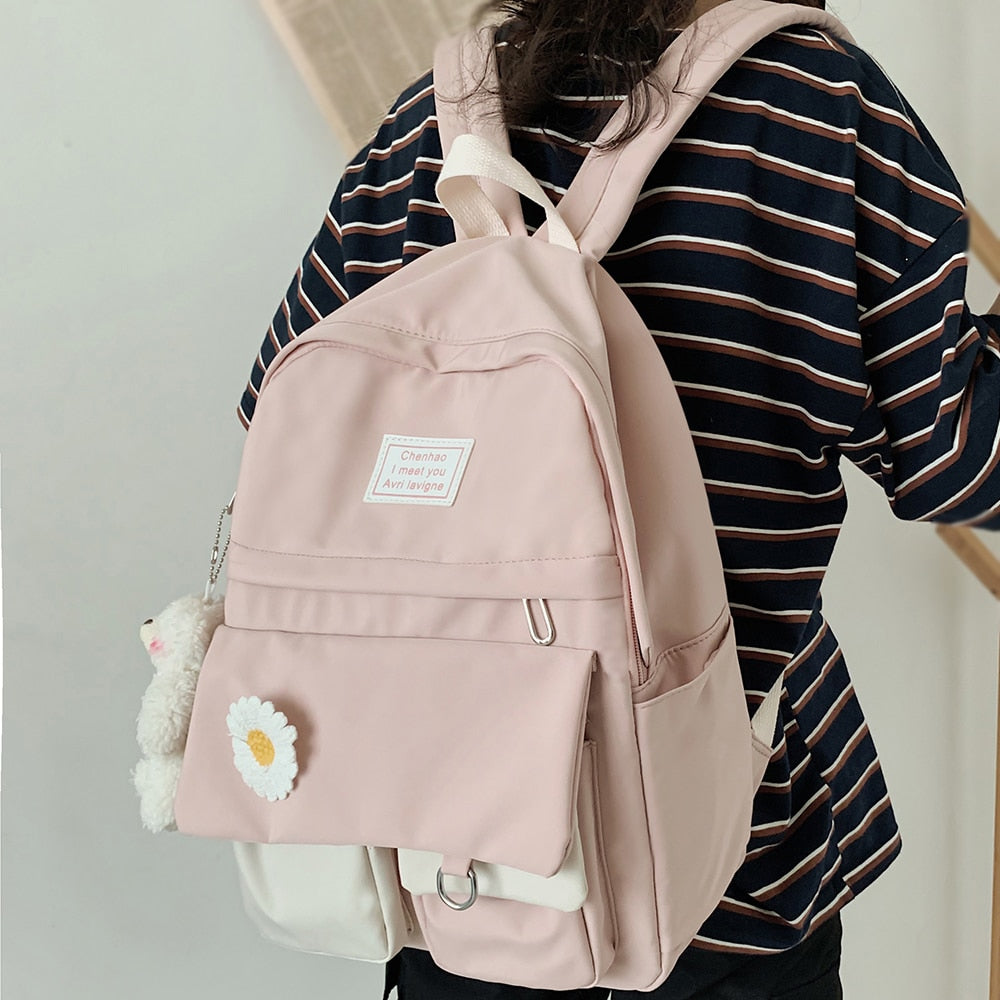 Realaiot College Student Ladies Cute Backpack Women Flower Female Harajuku School Bags Book Kawaii Backpack Nylon Girl Trendy Bag Fashion