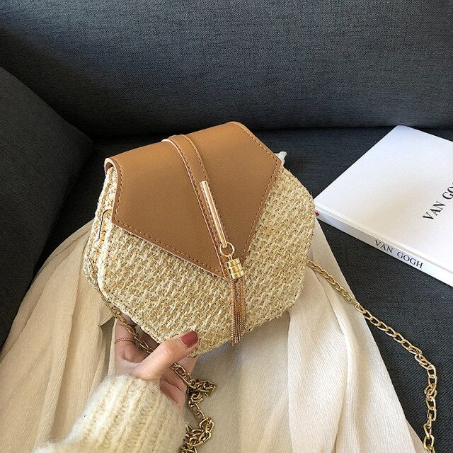 Casual Chains Straw Bucket Bags Women Summer Messenger Bag Rattan Bags Beach Lady Travel Purses and Handbags Shoulder Bag Bolsa