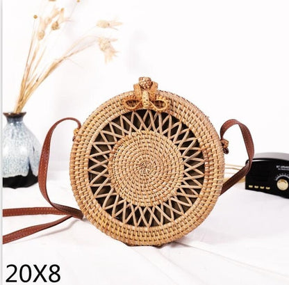 Realaiot Woven Rattan Bag Round Straw Shoulder Bag Small Beach HandBags Women Summer Hollow Handmade Messenger Crossbody Bags