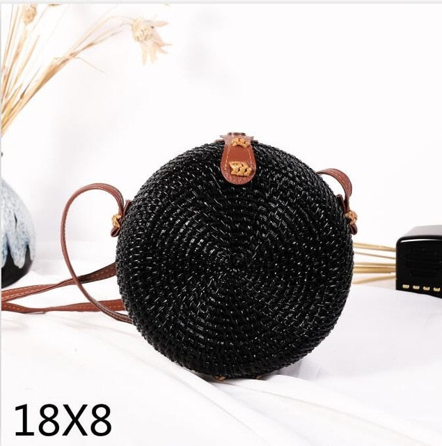 Realaiot Woven Rattan Bag Round Straw Shoulder Bag Small Beach HandBags Women Summer Hollow Handmade Messenger Crossbody Bags