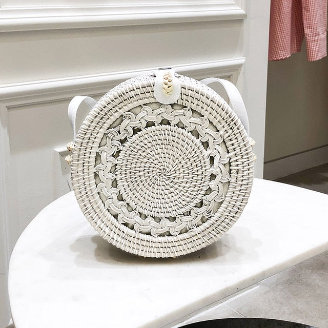 Realaiot Woven Rattan Bag Round Straw Shoulder Bag Small Beach HandBags Women Summer Hollow Handmade Messenger Crossbody Bags