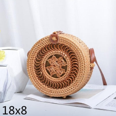 Realaiot Woven Rattan Bag Round Straw Shoulder Bag Small Beach HandBags Women Summer Hollow Handmade Messenger Crossbody Bags