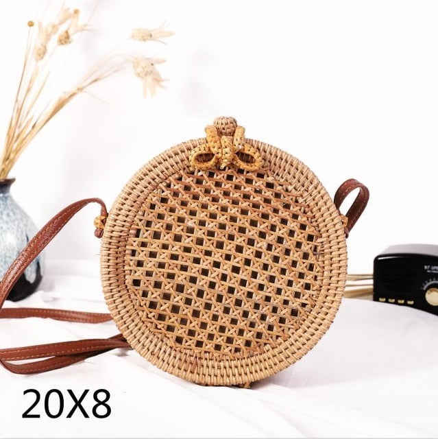 Realaiot Woven Rattan Bag Round Straw Shoulder Bag Small Beach HandBags Women Summer Hollow Handmade Messenger Crossbody Bags