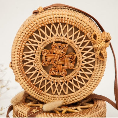 Realaiot Woven Rattan Bag Round Straw Shoulder Bag Small Beach HandBags Women Summer Hollow Handmade Messenger Crossbody Bags