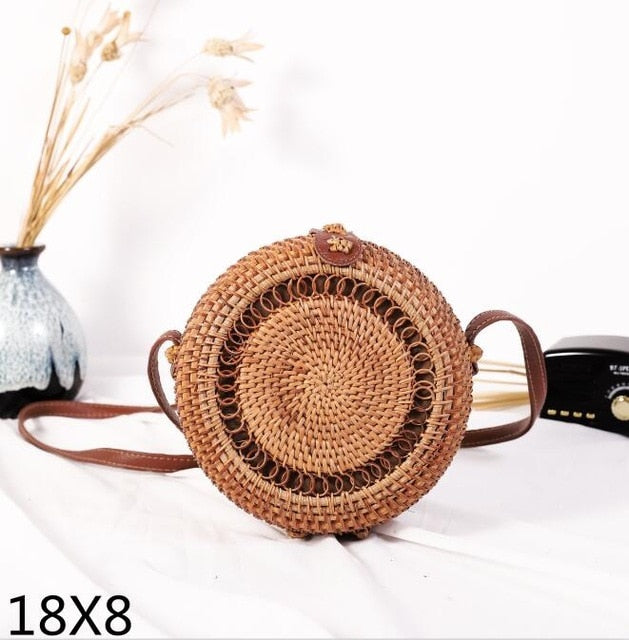 Realaiot Woven Rattan Bag Round Straw Shoulder Bag Small Beach HandBags Women Summer Hollow Handmade Messenger Crossbody Bags