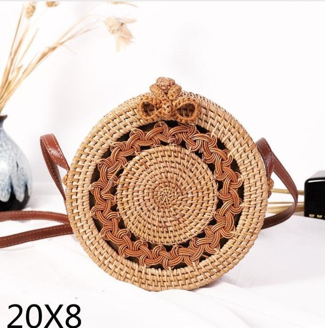 Realaiot Woven Rattan Bag Round Straw Shoulder Bag Small Beach HandBags Women Summer Hollow Handmade Messenger Crossbody Bags