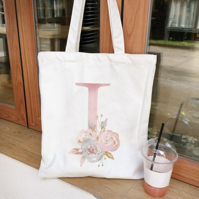 Realaiot Ladies Handbags Cloth Canvas Tote Bag Floral Letters Pattern Shopping Travel Women Eco Reusable Shoulder Shopper Bags