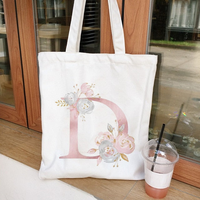 Realaiot Ladies Handbags Cloth Canvas Tote Bag Floral Letters Pattern Shopping Travel Women Eco Reusable Shoulder Shopper Bags