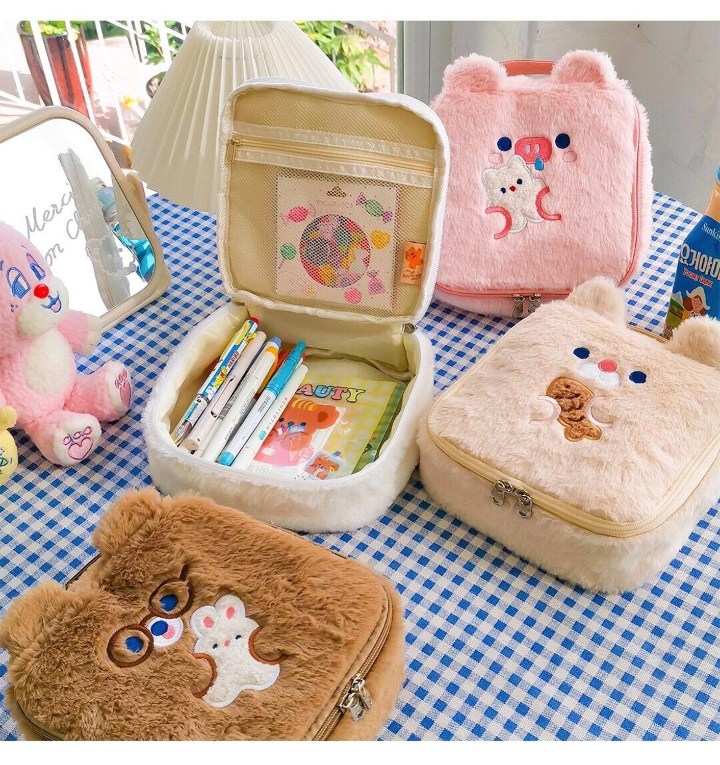 Realaiot Flannel Bear Cosmetic Bag Cute Embroidery Plush Storage Bag Kawaii Student Large Capacity Pencil Case Korea Fashion Pen Box