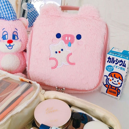 Realaiot Flannel Bear Cosmetic Bag Cute Embroidery Plush Storage Bag Kawaii Student Large Capacity Pencil Case Korea Fashion Pen Box