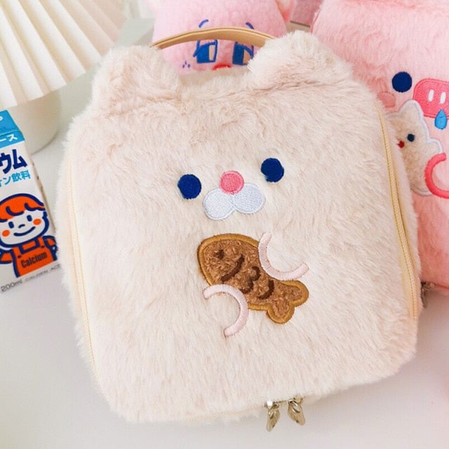 Realaiot Flannel Bear Cosmetic Bag Cute Embroidery Plush Storage Bag Kawaii Student Large Capacity Pencil Case Korea Fashion Pen Box