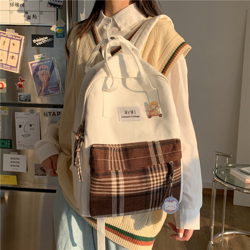 Realaiot Female Canvas Backpacks for School Teenagers Girls Small Fresh Plaid School Bag Kawaii Bookbag Korean College New Mochilas