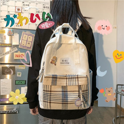 Realaiot Female Canvas Backpacks for School Teenagers Girls Small Fresh Plaid School Bag Kawaii Bookbag Korean College New Mochilas