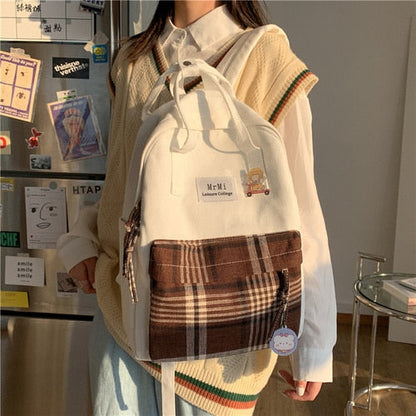 Realaiot Female Canvas Backpacks for School Teenagers Girls Small Fresh Plaid School Bag Kawaii Bookbag Korean College New Mochilas