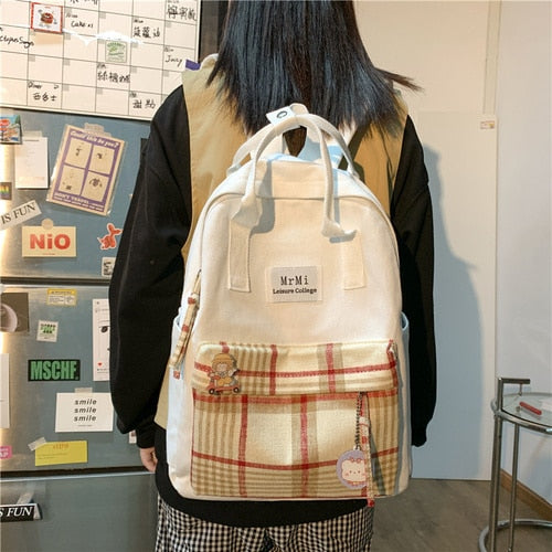 Realaiot Female Canvas Backpacks for School Teenagers Girls Small Fresh Plaid School Bag Kawaii Bookbag Korean College New Mochilas