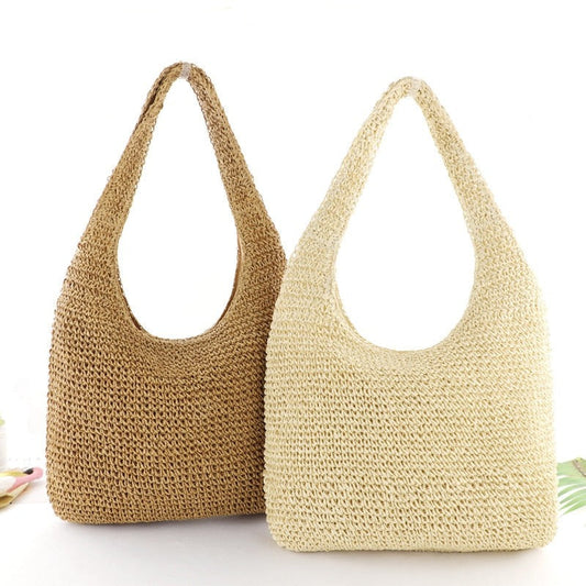 Realaiot Summer Straw Beach Bag Vintage Handmade Woven Shoulder Bag Solid Color Rattan Bags Bohemian Summer Vacation Casual Travel Bag