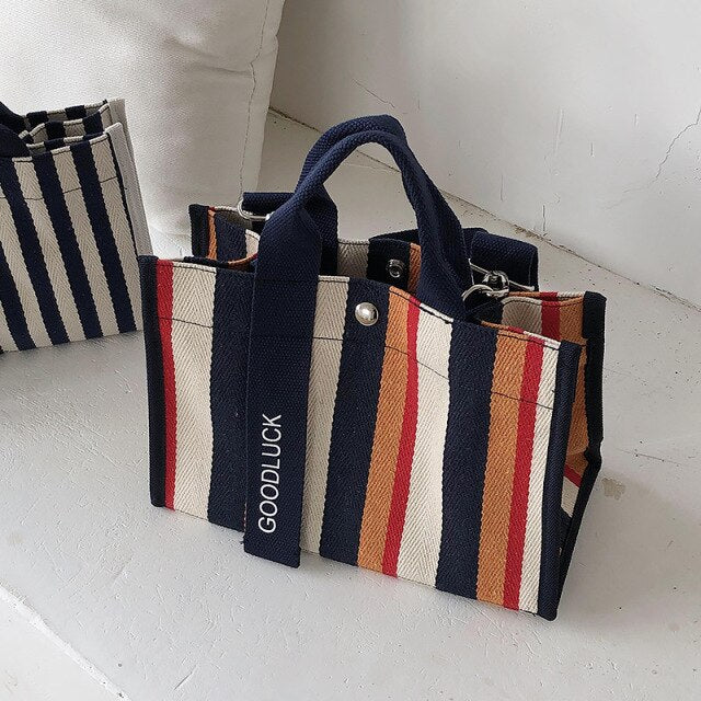 Realaiot Fashion Striped Women Shoulder Bag Korean Style Canvas Sling Bags Small Square Crossbody Handbag Mommy Simple Travel Handbags