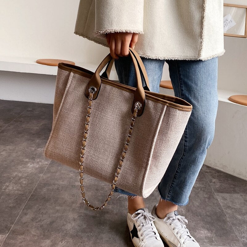 casual large capacity tote designer chains women handbags luxury canvas lady shoulder mesenger bags female big purses new