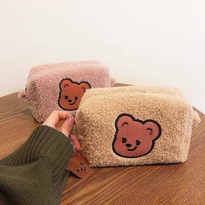 Realaiot Bear Flannel Cosmetic Bag Portable Large Capacity Wash Bag Women Travel Makeup Brush Organizer Storage Pouch Student Pencil Case