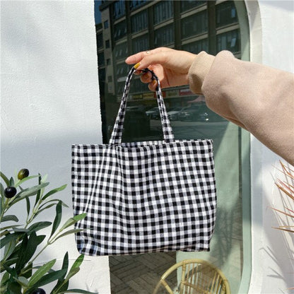 Cyflymder Portable Cotton Women Lunch Bento Bag Vintage Plaid Canvas Ladies Small Handbags Simple Female Cloth Mini Tote Bag Clutch Purse