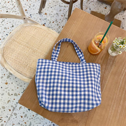 Cyflymder Portable Cotton Women Lunch Bento Bag Vintage Plaid Canvas Ladies Small Handbags Simple Female Cloth Mini Tote Bag Clutch Purse