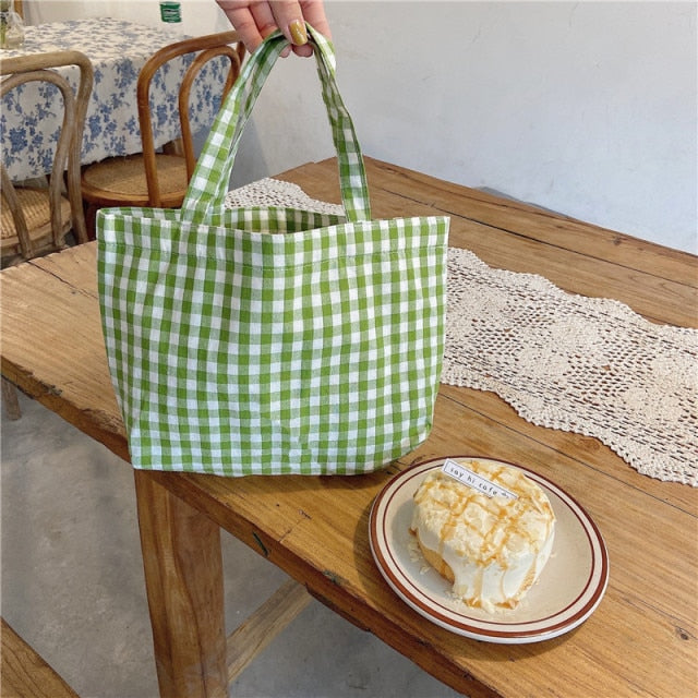 Cyflymder Portable Cotton Women Lunch Bento Bag Vintage Plaid Canvas Ladies Small Handbags Simple Female Cloth Mini Tote Bag Clutch Purse