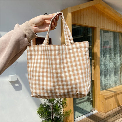 Cyflymder Portable Cotton Women Lunch Bento Bag Vintage Plaid Canvas Ladies Small Handbags Simple Female Cloth Mini Tote Bag Clutch Purse