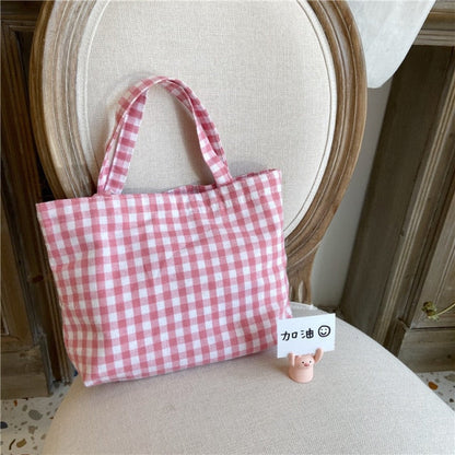 Cyflymder Portable Cotton Women Lunch Bento Bag Vintage Plaid Canvas Ladies Small Handbags Simple Female Cloth Mini Tote Bag Clutch Purse