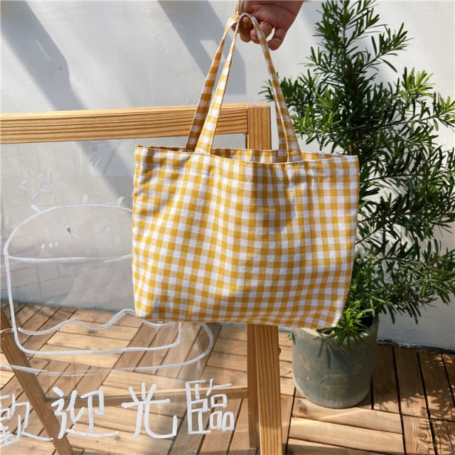 Cyflymder Portable Cotton Women Lunch Bento Bag Vintage Plaid Canvas Ladies Small Handbags Simple Female Cloth Mini Tote Bag Clutch Purse