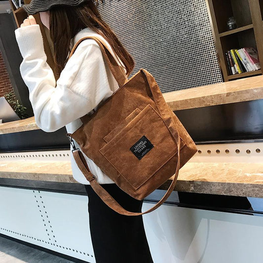 Realaiot Corduroy Shoulder Bags Striped Cloth Fabric Handbags Casual Zip Tote Canvas Crossbody Bag Cute Shopping Bag For Ladies