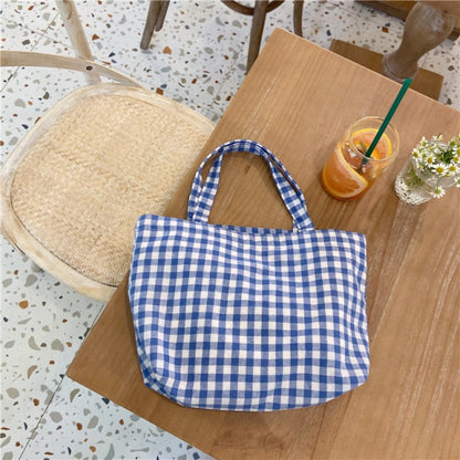 Cyflymder New Portable Lunch Bag Japanese Plaid Cotton Picnic Food Bag Women Simple Small Tote Korean Style Children Lunch Bags Kids