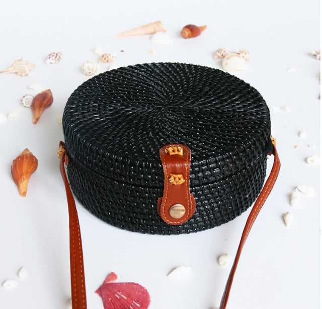 Realaiot Woven Rattan Bag Round Straw Shoulder Bag Small Beach HandBags Women Summer Hollow Handmade Messenger Crossbody Bags