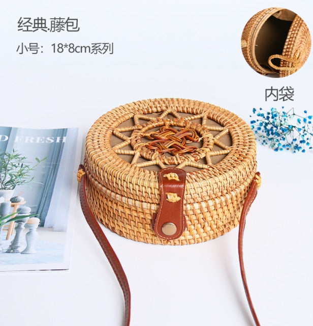 Realaiot Woven Rattan Bag Round Straw Shoulder Bag Small Beach HandBags Women Summer Hollow Handmade Messenger Crossbody Bags