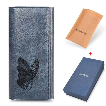 Realaiot Genuine Leather Women Wallet Long Purse Butterfly Embossing Wallets Female Card Holders Carteira Feminina Phone bag