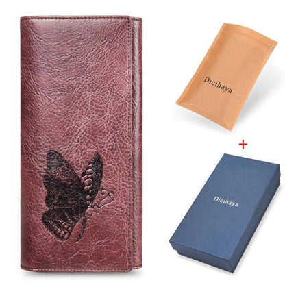 Realaiot Genuine Leather Women Wallet Long Purse Butterfly Embossing Wallets Female Card Holders Carteira Feminina Phone bag