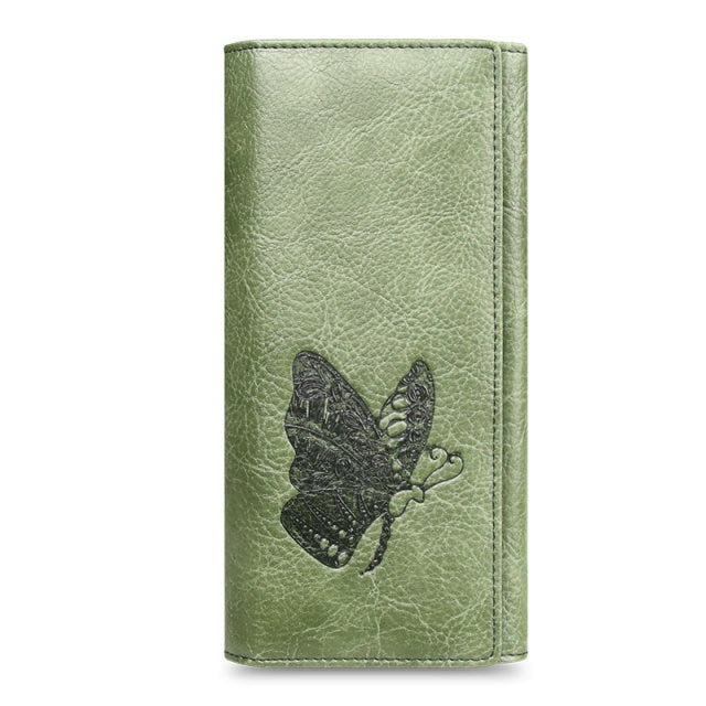 Realaiot Genuine Leather Women Wallet Long Purse Butterfly Embossing Wallets Female Card Holders Carteira Feminina Phone bag