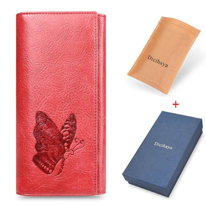 Realaiot Genuine Leather Women Wallet Long Purse Butterfly Embossing Wallets Female Card Holders Carteira Feminina Phone bag