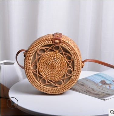 Realaiot Woven Rattan Bag Round Straw Shoulder Bag Small Beach HandBags Women Summer Hollow Handmade Messenger Crossbody Bags